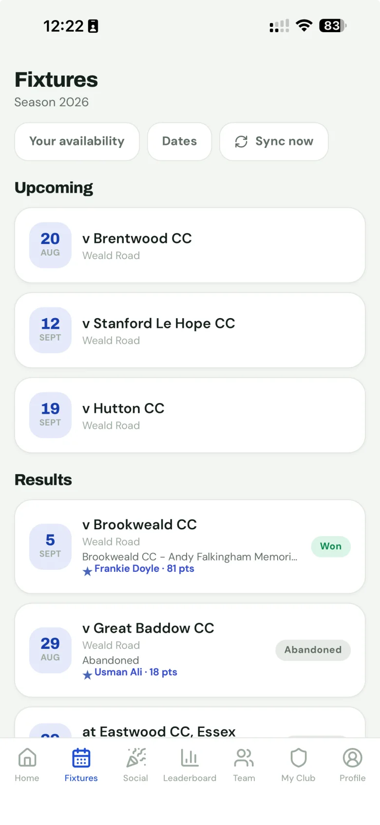 Fixtures and results in the app, each result naming the Player of the Match and their points