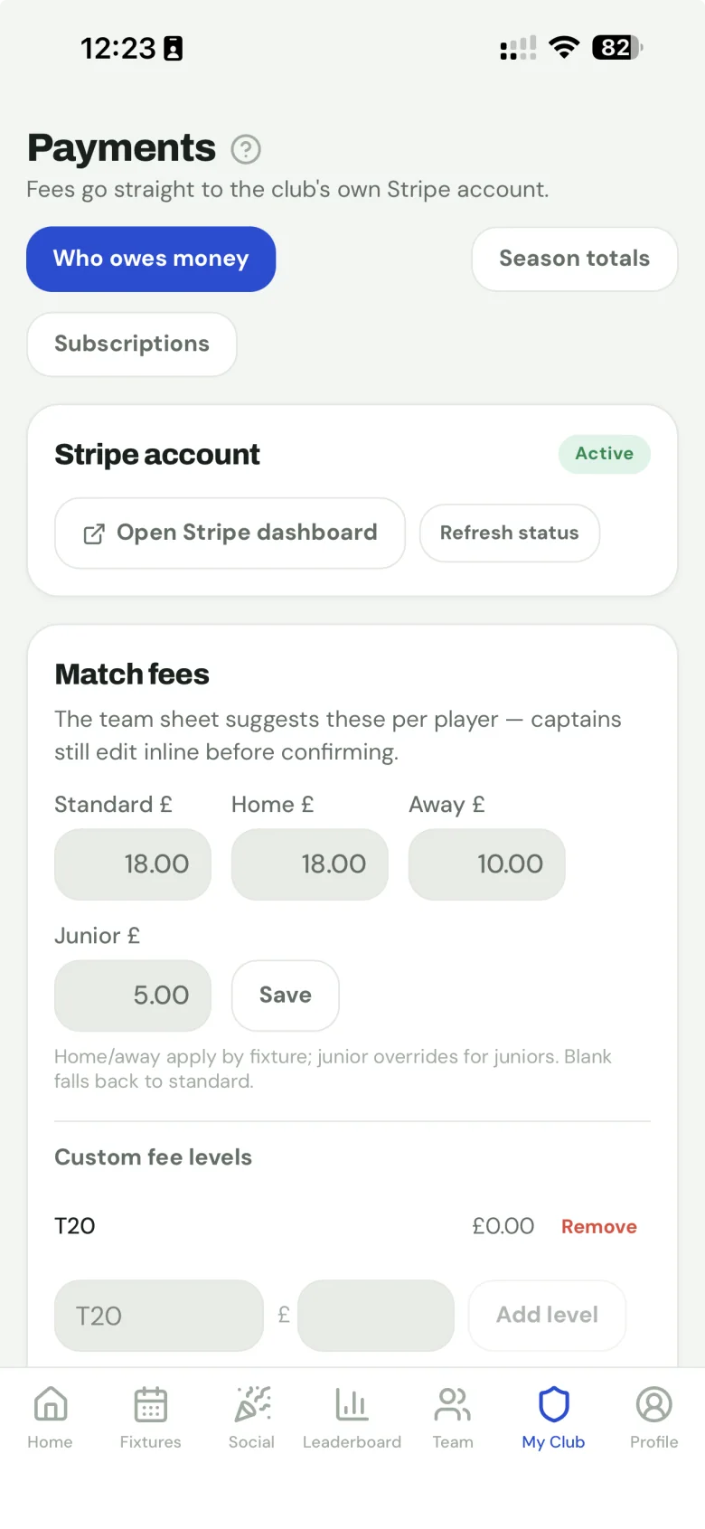 Payments in the app: Stripe account active, match-fee levels for standard, home, away and junior