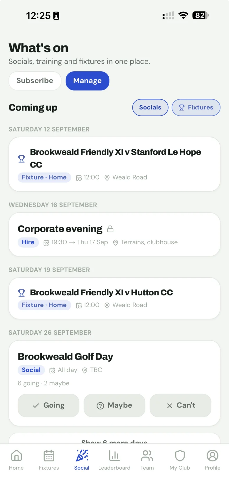 What's on in the app: fixtures, a corporate evening, a golf day, with going, maybe and can't buttons