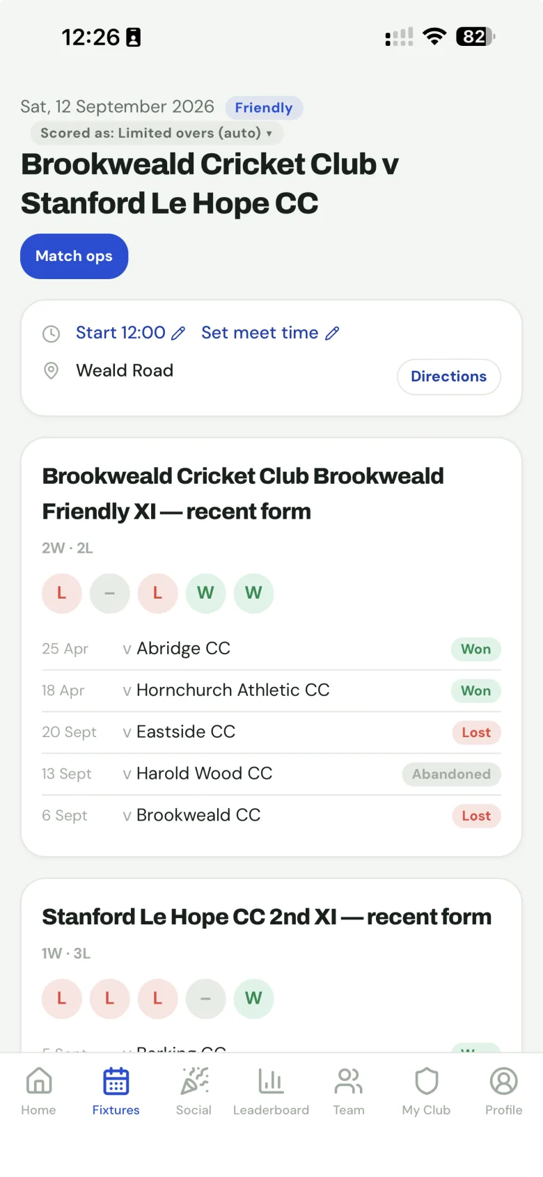 A fixture page in the app with Match ops, start time, directions and both sides' recent form