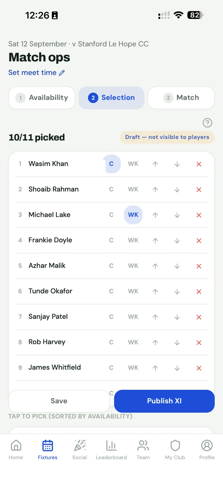 Match ops in the app: a draft XI with captain and wicketkeeper marked, ten of eleven picked